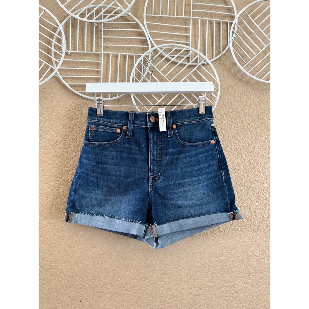 Madewell High-Rise Denim Shorts Dark Wash Cuffed Raw Hem Size 25 Blue Womens